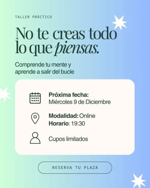 Un taller único. Teórico y práctico. 
No te irás sin ese día comenzar a poner en práctica exponerte a tus pensamientos y considerarlos como lo que son. 

Anímate. 

Te espero el Miércoles 9 de diciembre. Completamente online. A las 19;30. Si quieres apuntarte, te dejo el link por privado. 

#psicologosevilla #pensamientosnegativos #rumia